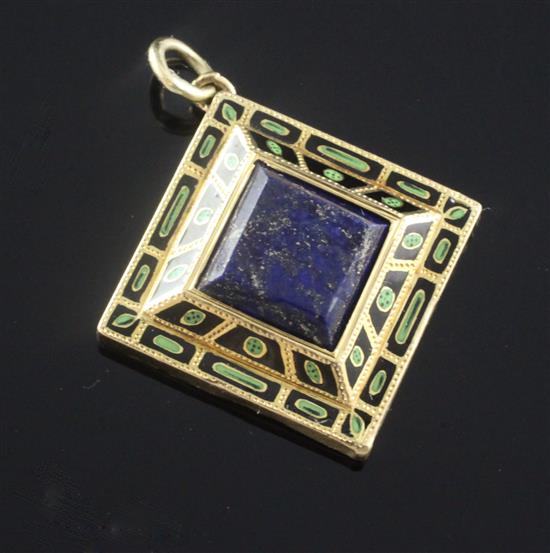 A gold, lapis lazuli and enamel set diamond shaped pendant locket, 26mm.